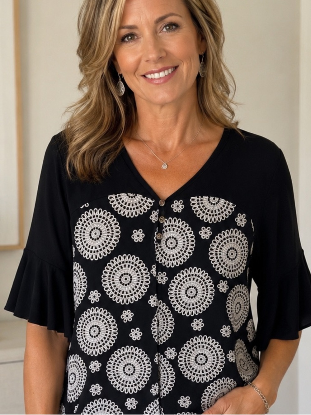 Diane Belle Black Blouse with White Circular Crochet-Inspired Front Small